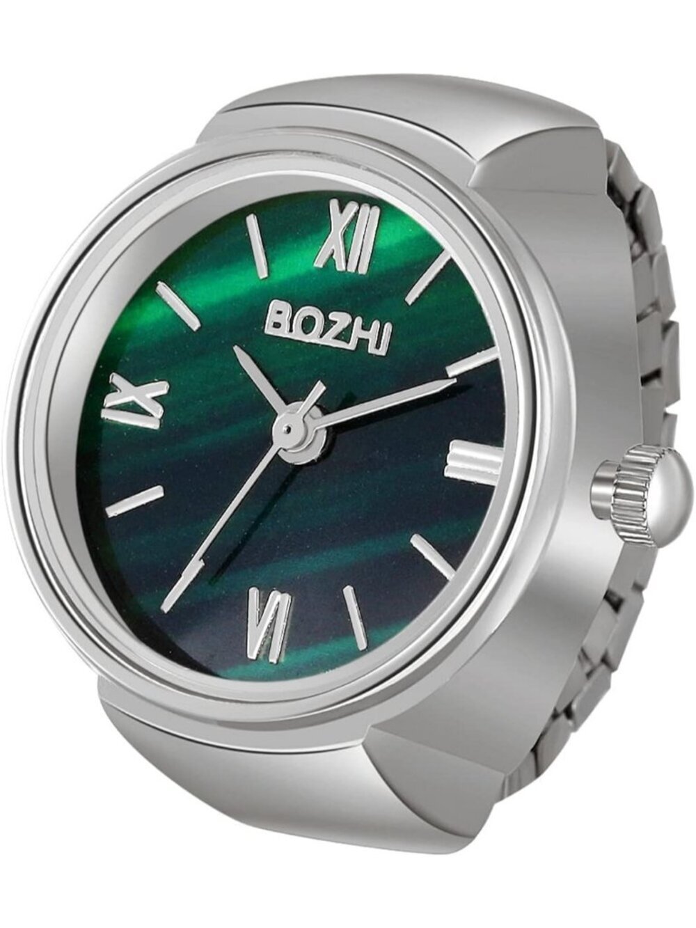 Women's Silver Green Quartz Stretchy Band Elastic Simple Dial Finger Ring Watch